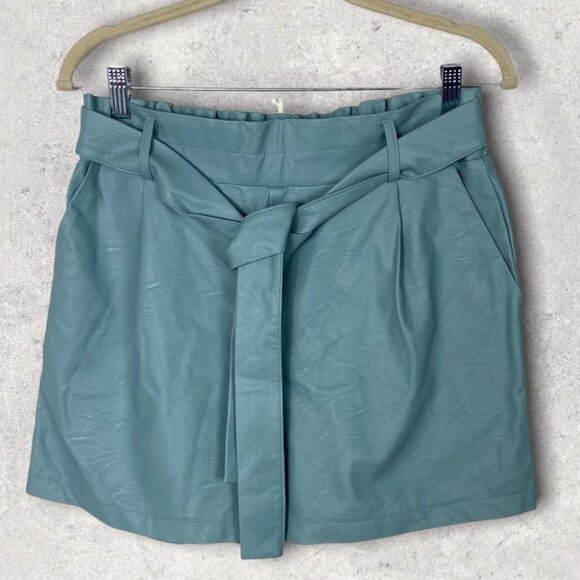 Luna Allegra Teal Blue High Waist Faux‎ Leather Shorts Belted Size Large Boho L - Picture 10 of 10